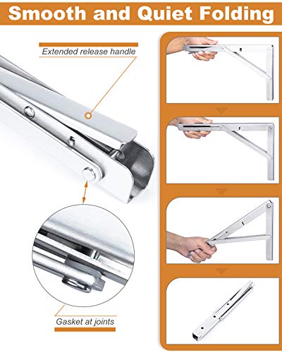 LuckIn 8-Inch Folding Shelf Brackets Heavy Duty, Foldable L Brackets for DIY Shelves & Tables, Stainless Steel Collapsible Wall Mount Hinged Brackets, Max Load 300 lbs, Silver, 4 Pcs - Image 5
