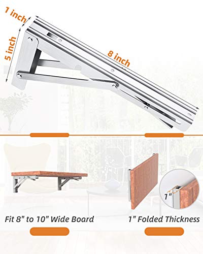 LuckIn 8-Inch Folding Shelf Brackets Heavy Duty, Foldable L Brackets for DIY Shelves & Tables, Stainless Steel Collapsible Wall Mount Hinged Brackets, Max Load 300 lbs, Silver, 4 Pcs - Image 2