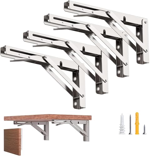 LuckIn 8-Inch Folding Shelf Brackets Heavy Duty, Foldable L Brackets for DIY Shelves & Tables, Stainless Steel Collapsible Wall Mount Hinged Brackets, Max Load 300 lbs, Silver, 4 Pcs - Image 1