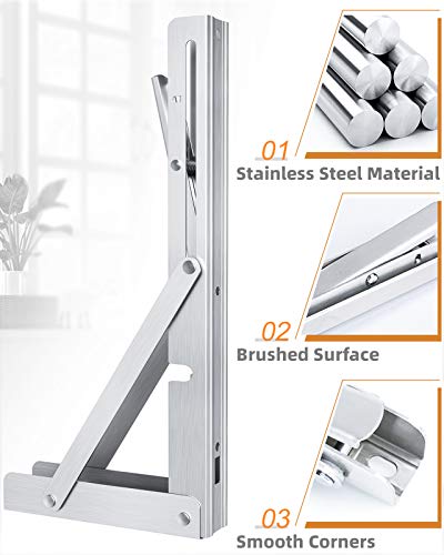 LuckIn 8-Inch Folding Shelf Brackets Heavy Duty, Foldable L Brackets for DIY Shelves & Tables, Stainless Steel Collapsible Wall Mount Hinged Brackets, Max Load 300 lbs, Silver, 4 Pcs - Image 4