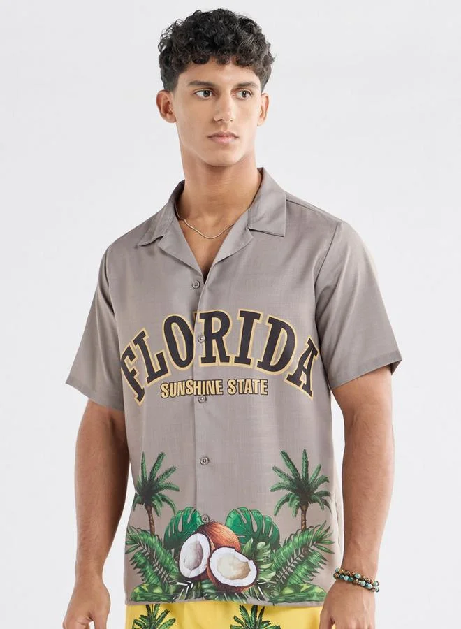 Splash FAV All-Over Graphic Print Shirt with Camp Collar and Short Sleeves