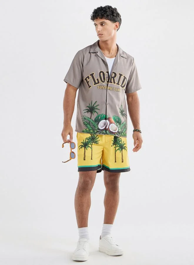 Splash FAV All-Over Graphic Print Shirt with Camp Collar and Short Sleeves