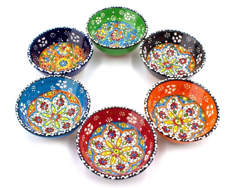 Silver Craft 6 Pcs Hand Painted Decorative Serving Turkish Tiny Bowls - Handmade Ceramic Bowl Set of (3.3''inc/8.5cm) 2.5 Oz Pinch Multicolor Small Best Gift Set, Tulip - Image 2