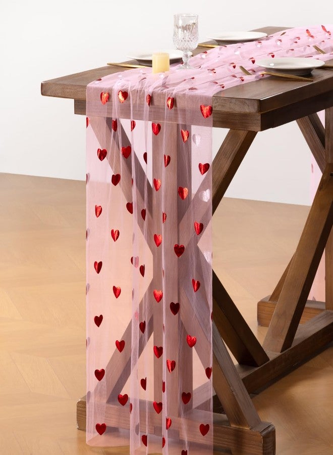 Socomi Valentine's Day Red Heart Table Runner Gauze Sheer Romantic Sequin 10FT Glitter Metallic Foil Dining Wedding Birthday Party Baby Shower Holiday Centerpiece Table Decor Pink - Image 3