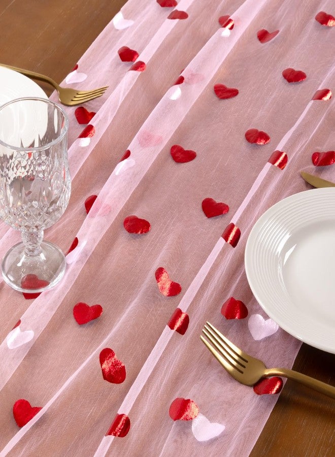 Socomi Valentine's Day Red Heart Table Runner Gauze Sheer Romantic Sequin 10FT Glitter Metallic Foil Dining Wedding Birthday Party Baby Shower Holiday Centerpiece Table Decor Pink - Image 4