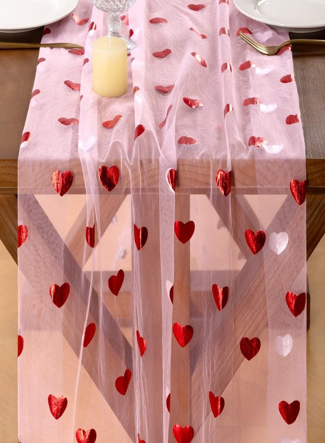 Socomi Valentine's Day Red Heart Table Runner Gauze Sheer Romantic Sequin 10FT Glitter Metallic Foil Dining Wedding Birthday Party Baby Shower Holiday Centerpiece Table Decor Pink - Image 2