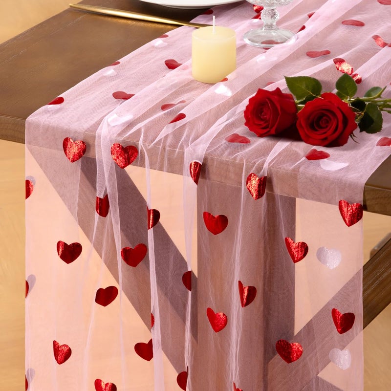 Socomi Valentine's Day Red Heart Table Runner Gauze Sheer Romantic Sequin 10FT Glitter Metallic Foil Dining Wedding Birthday Party Baby Shower Holiday Centerpiece Table Decor Pink - Image 1