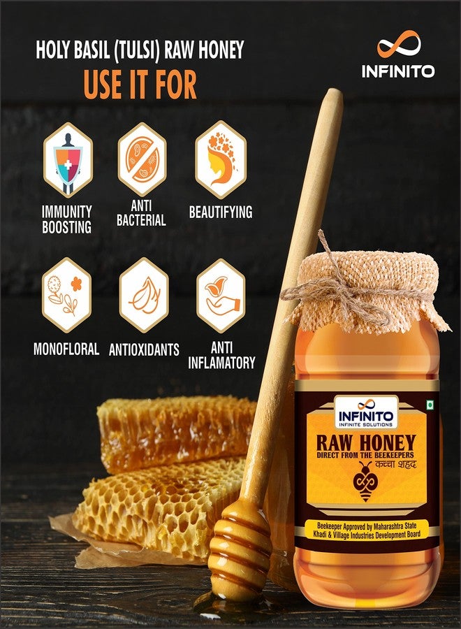 Infinito TULSI(HOLY BASIL) RAW HONEY | UNPASTEURIZED, UNPROCESSED, UNFILTERED, RAW HONEY, 100% NATURAL & PURE COLLECTED FROM FLOWERS OF TULSI | NO ADDED FLAVOUR (500g (Pack of 1)) - Image 4