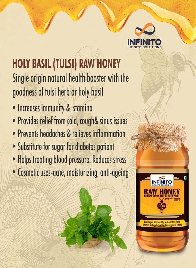 Infinito TULSI(HOLY BASIL) RAW HONEY | UNPASTEURIZED, UNPROCESSED, UNFILTERED, RAW HONEY, 100% NATURAL & PURE COLLECTED FROM FLOWERS OF TULSI | NO ADDED FLAVOUR (500g (Pack of 1)) - Image 2