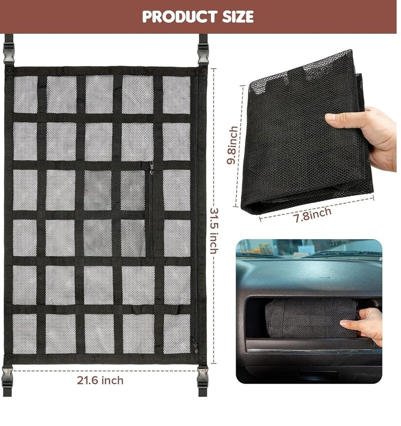 Alaska® Car Ceiling Storage Net Bag. Suitable ONLY for Vehicles Having 4 CEILLING Grab Handles Universal Fit, Double-Layer Adjustable for Cars, SUVs, and Trucks. - Image 3