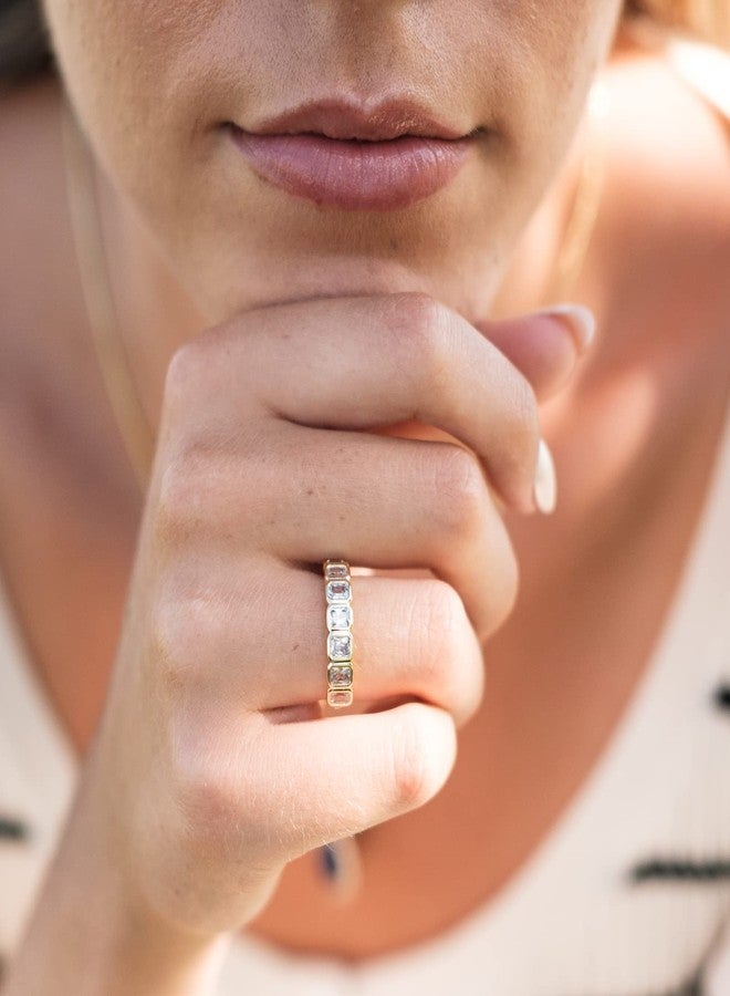 espere Emerald Cut Bezel Set CZ Halfway Eternity Band | 7 Stone Wedding Anniversary Band Bridal Set, 6, 18K gold-plated brass, No Gemstone - Image 2