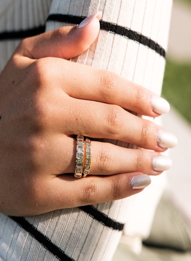 espere Emerald Cut Bezel Set CZ Halfway Eternity Band | 7 Stone Wedding Anniversary Band Bridal Set, 6, 18K gold-plated brass, No Gemstone - Image 5