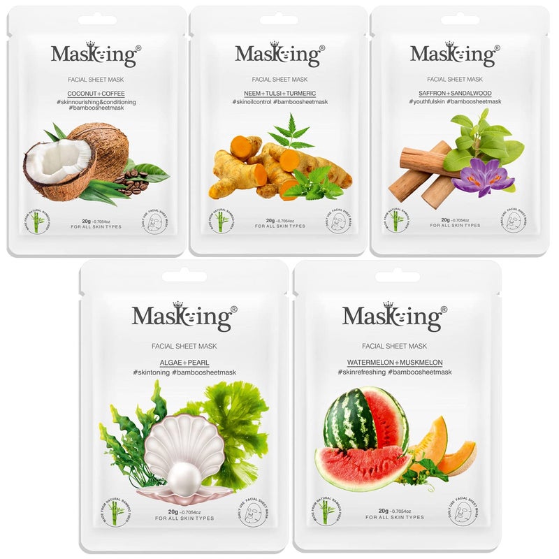Masking Facial Sheet Mask Coffee Neem Saffron Algae Watermelon Bamboo Sheet Based Ideal for Women Men Combo Pack of 5 - Image 1