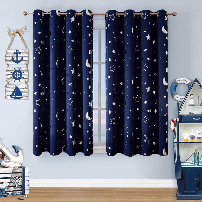 BOYS CURTAINS NAVY BLUE BLACKOUT STAR CURTAINS CUTE SPACE THEMED THERMAL INSULATED ROOM DARKENING BLACKOUT SHORT DRAPES FOR KIDS ROOM NURSERY BOYS BEDROOMW52 X L45 2 PANELS