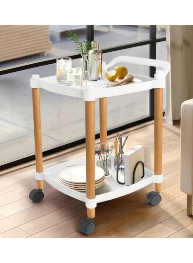 عربة تخزين بلاستيكية متعددة الاستخدامات بعجلات ومقابض مع أرجل خشبية – طاولة تخزين بطابقين لغرفة النوم، الفندق، المطعم، الكافيه وصالون التجميل (متعدد الألوان)