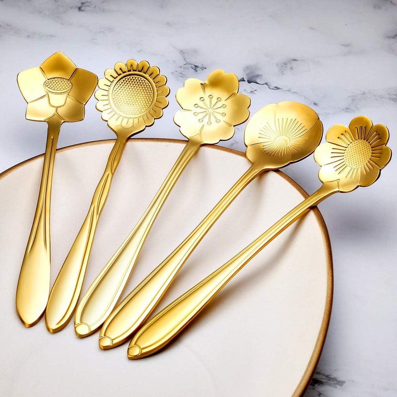 CHENGU 8 Pieces Flower Coffee Teaspoon Set - Stainless Steel Tableware Creative Sugar Spoon, Tea Stir Bar, 8 Different Patterns (Gold) - Image 4