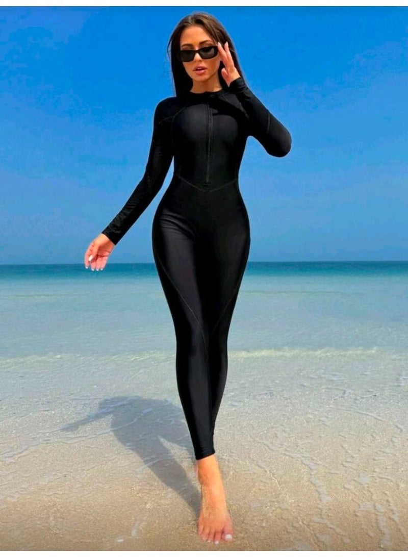 SHEIN-Solid Base Color Contrasting Slim Edge Long-Sleeved Zipper Sports Style One-Piece Swimsuit - Image 5