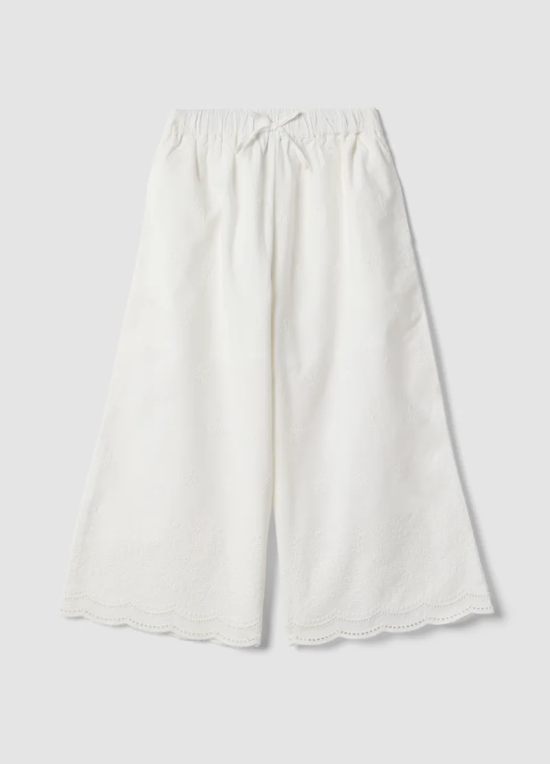 او في اس OVS White Cotton Culottes With Embroidery For Girls
