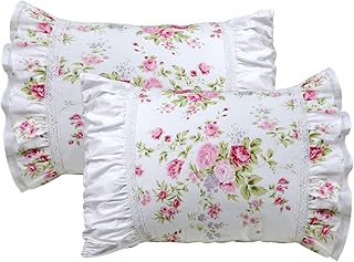 FADFAY FADFAY Shabby Pink Rose Floral Print Pillowcases Elegant Country Style Vintage Lace Ruffles Bedding Pillow Covers  - Image 1