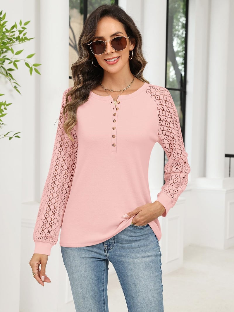 Minetom Women's Lace Long Sleeve Tops Henley Shirts Casual Blouses T Shirts Fall Clothes Pink - Image 3