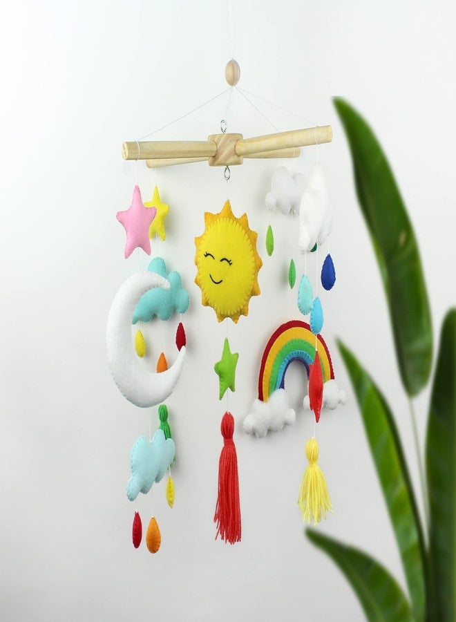 AGD Handmade لعبة معلقة يدوية الصنع من AGD على شكل قوس قزح وشمس وقمر لسرير الأطفال، ديكور فريد وملون لغرفة الأطفال، لعبة معلقة على سرير الأطفال، قطعة ديكور لغرفة نوم الأطفال، غيوم ونجوم وشرابات (حامل) - Image 2