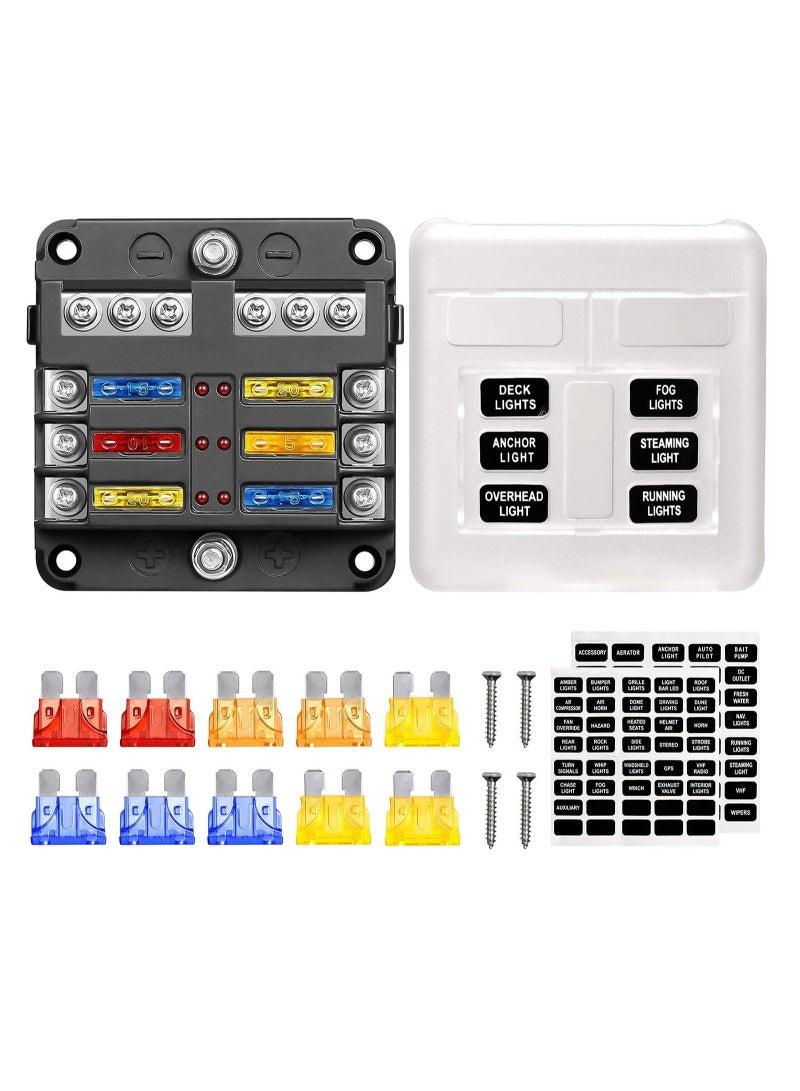Blade Fuse Block, 12V Waterproof Fuse Box Holder, 6 Circuit Negative Bus Fuse Box with LED Indicator for Automotive Car Truck Boat Marine RV Van - Image 1