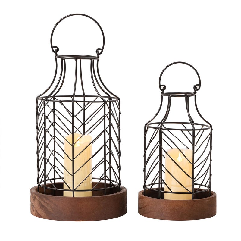 Set of 2 Rustic Farmhouse Lanterns Decorative Indoor Vintage Candle Lantern Holder with Wooden Base Black Metal Decorative Lanterns for Home Decor Outdoor Indoor Living Room Kitchen Dining Table