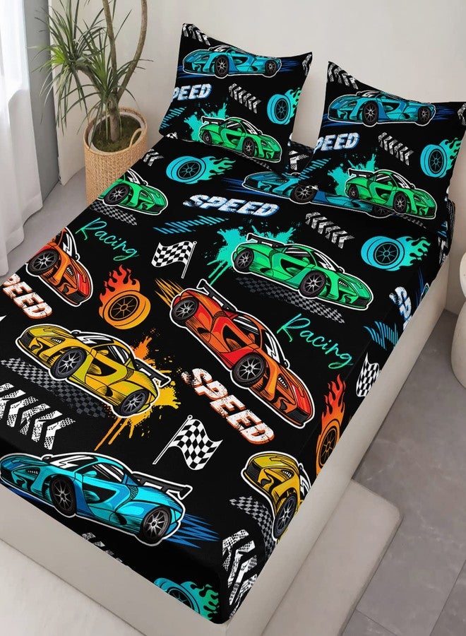 HOSIMA Cartoon Sports Car Bedding Set - Queen Size, Fast and Furious Racing Car Pattern with 2 Pillowcases, Black Sets. - Image 4