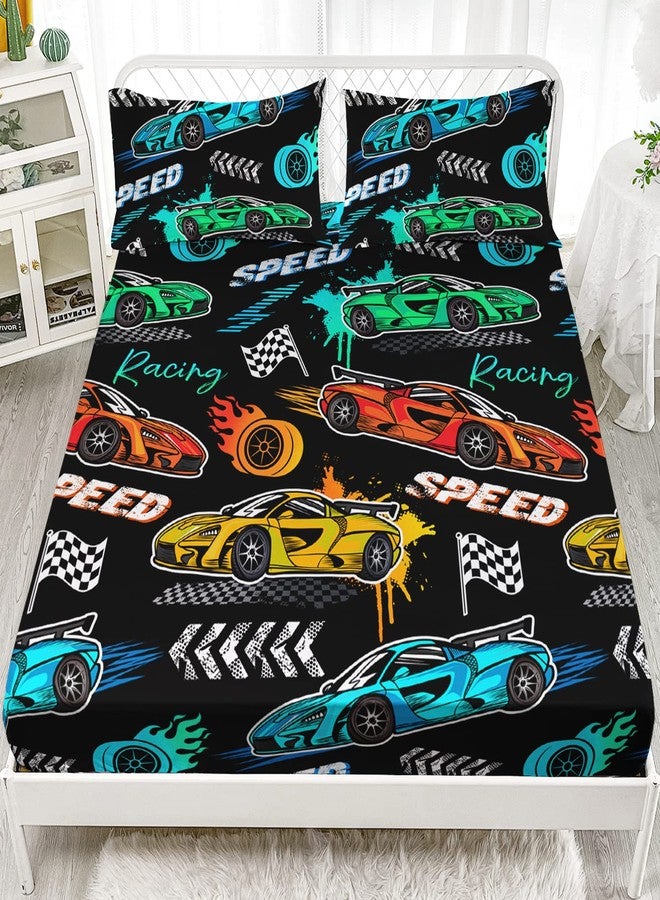 HOSIMA Cartoon Sports Car Bedding Set - Queen Size, Fast and Furious Racing Car Pattern with 2 Pillowcases, Black Sets. - Image 2
