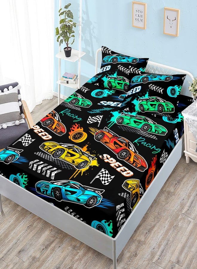 HOSIMA Cartoon Sports Car Bedding Set - Queen Size, Fast and Furious Racing Car Pattern with 2 Pillowcases, Black Sets. - Image 1