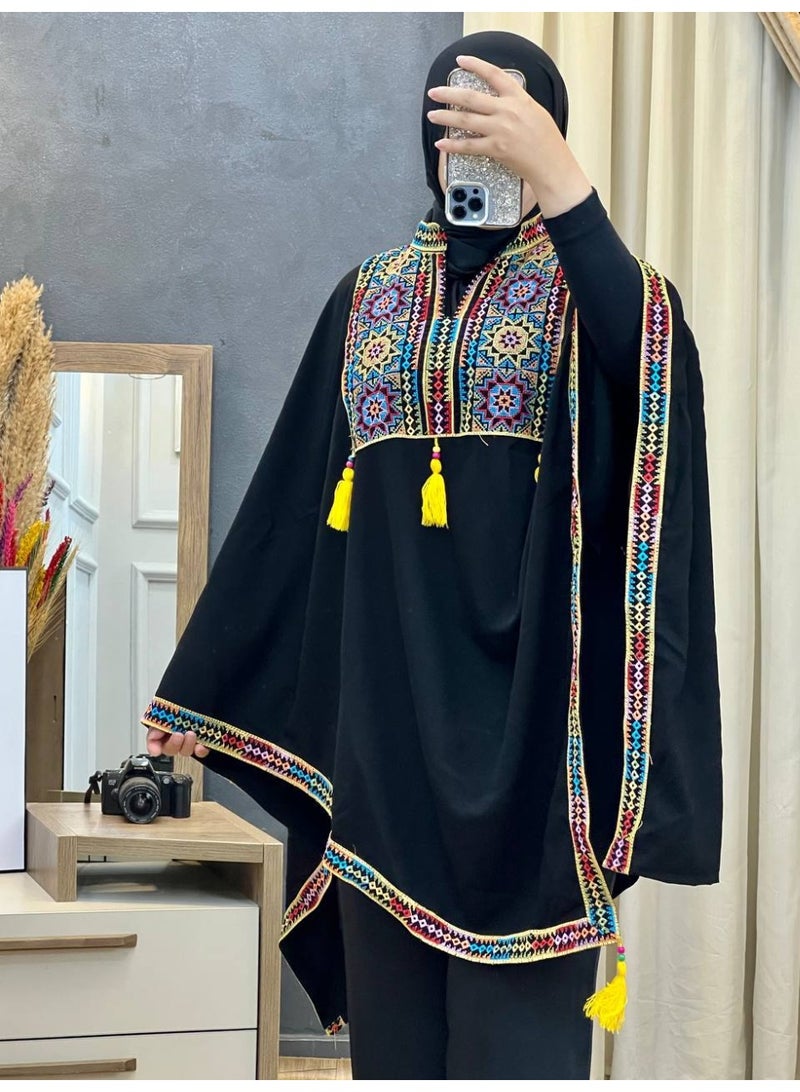 Women's Palestinian Shawl with Exquisite Embroidery, High-Quality Saudi Crepe Fabric, Elegant Heritage Design with a Modern Touch, in Black - Image 4