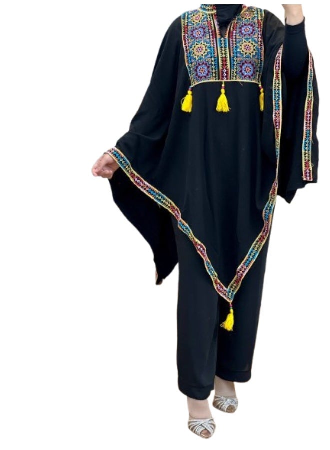 Women's Palestinian Shawl with Exquisite Embroidery, High-Quality Saudi Crepe Fabric, Elegant Heritage Design with a Modern Touch, in Black - Image 1