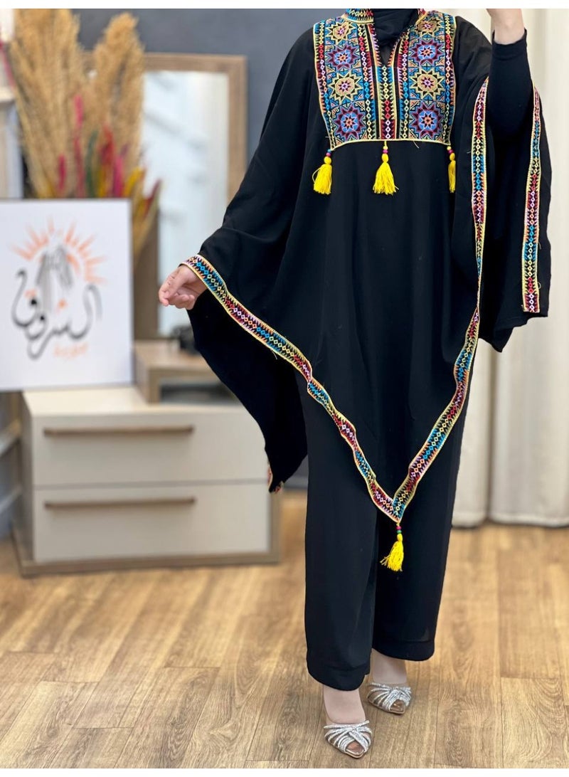 Women's Palestinian Shawl with Exquisite Embroidery, High-Quality Saudi Crepe Fabric, Elegant Heritage Design with a Modern Touch, in Black - Image 2