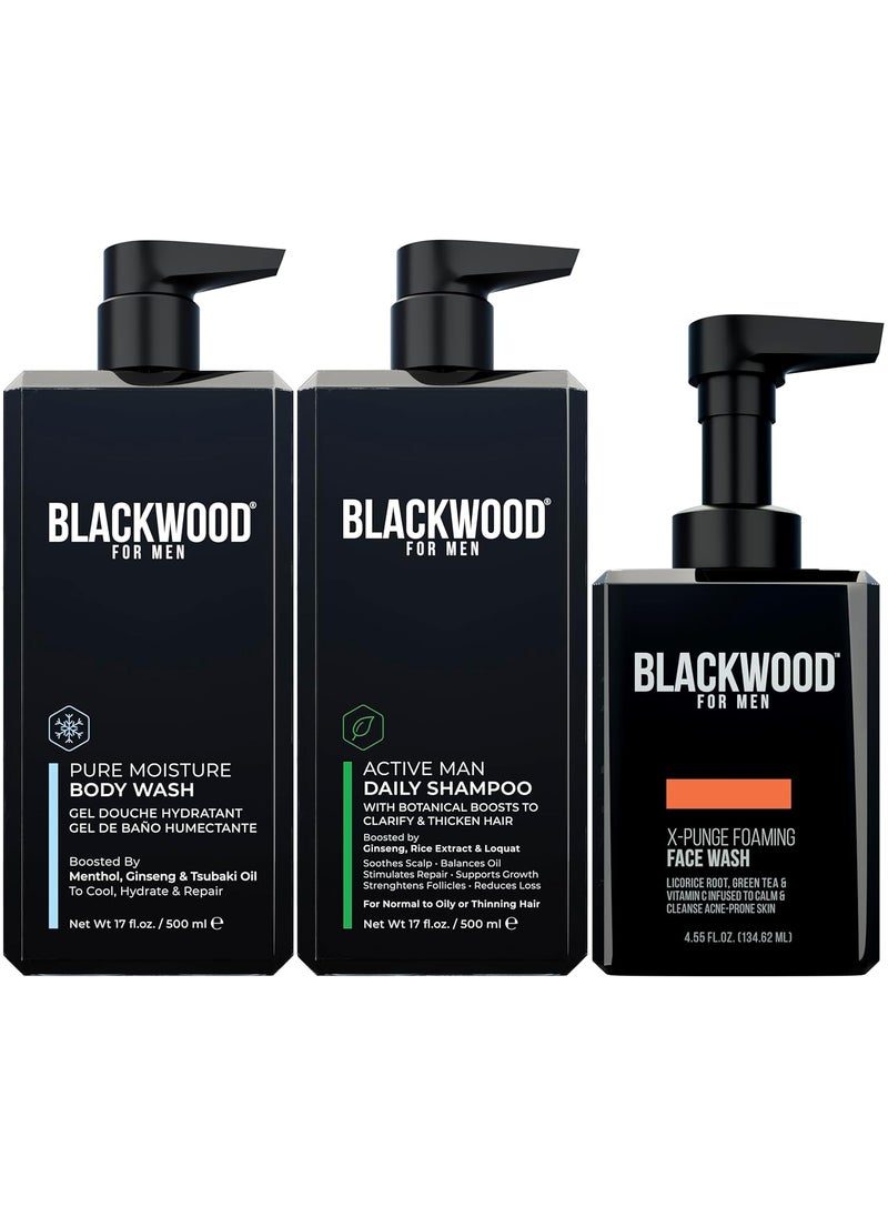 Blackwood For Men Blackwood For Men Pure Moisture Body Wash 17 oz Active Man Daily Shampoo 17 oz and XPunge Foaming Face Wash 455 oz Bundle for Men 