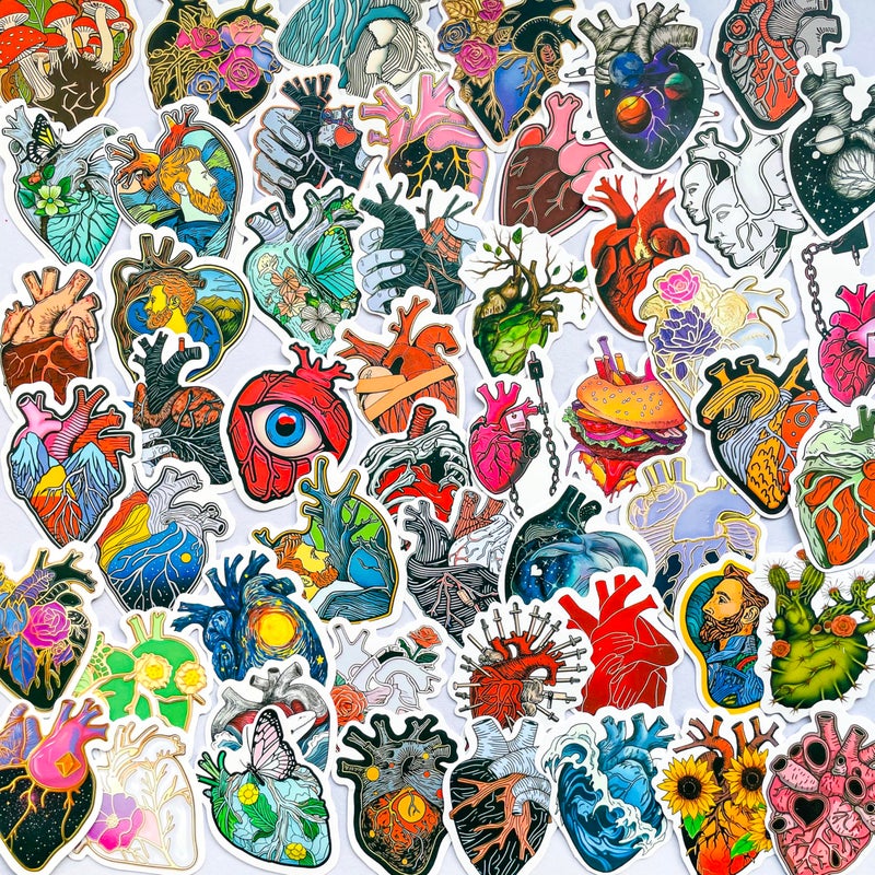 Yoksas 52Pcs Anatomical Heart Artistic Stickers - Waterproof Vinyl Human Organs Anatomy Aesthetic Heart Stickers for Water Bottles,Laptops,Doctors Nurses Gifts - Image 1