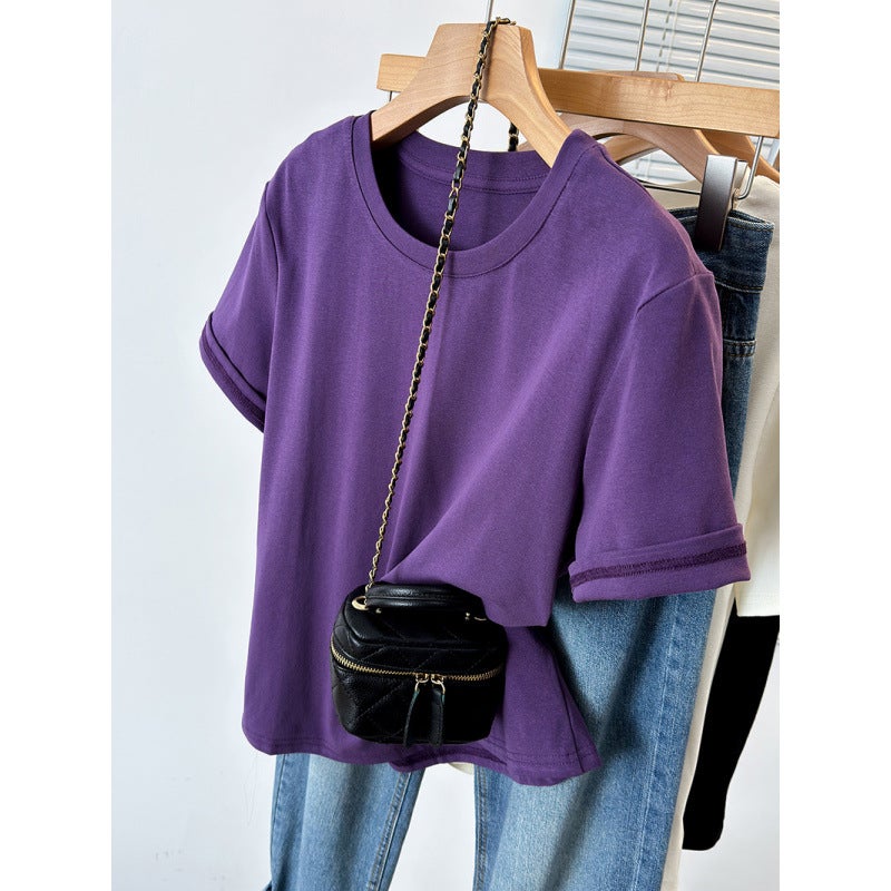 4 F093 2024 Chubby Girl Plus Size Joker Chic Design Hemming Sleeve Shoulder Short Sleeve T-Shirt - Image 1