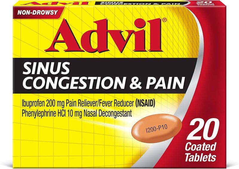 Advil أدفيل لاحتقان الجيوب الأنفية والألم، دواء تخفيف احتقان الجيوب الأنفية، مسكن للألم ومخفض للحمى مع إيبوبروفين وفينيل إفرين HCl - 20 قرص مغلف