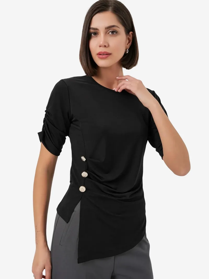 Big Dart Black BDART Crew Neck Buttoned Blouse for Women | Best Price UAE