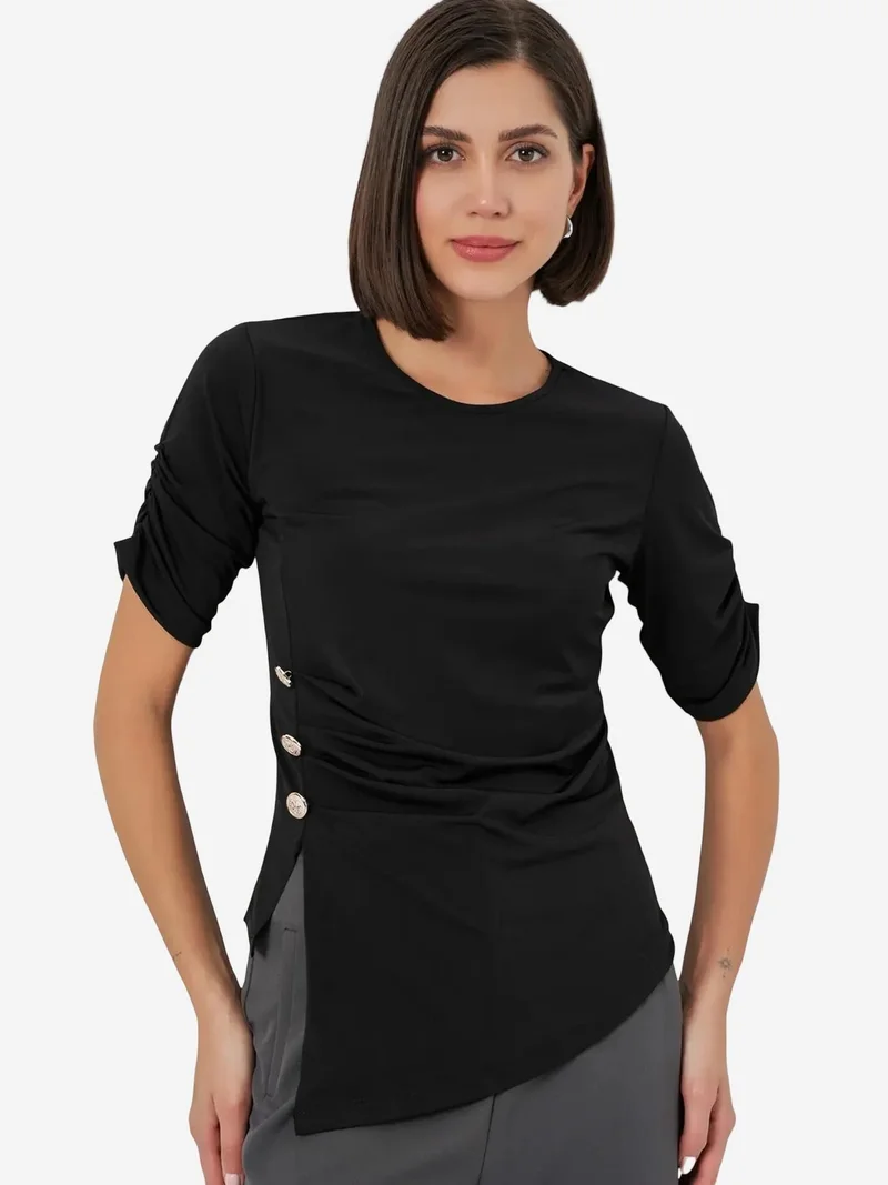 Big Dart Black BDART Crew Neck Buttoned Blouse for Women | Best Price UAE