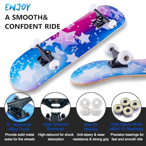 CLYCTIP Skateboard31 x 8 Inch Complete Skateboard 8Layer Maple Wood Deck Double Kick Standard Skateboards for Kids Teens Adult Beginner Dream - Image 3
