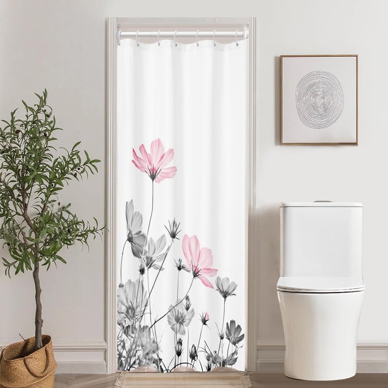 Kikiry Stall Shower Curtain Half 36''W x 72''L Pink Gray White Grey Flowers Wildflower Daisy Floral Stand up Botanical Simple Mini Small Bathroom Curtains Polyester Fabric 7 Pack Plastic Hooks - Image 1