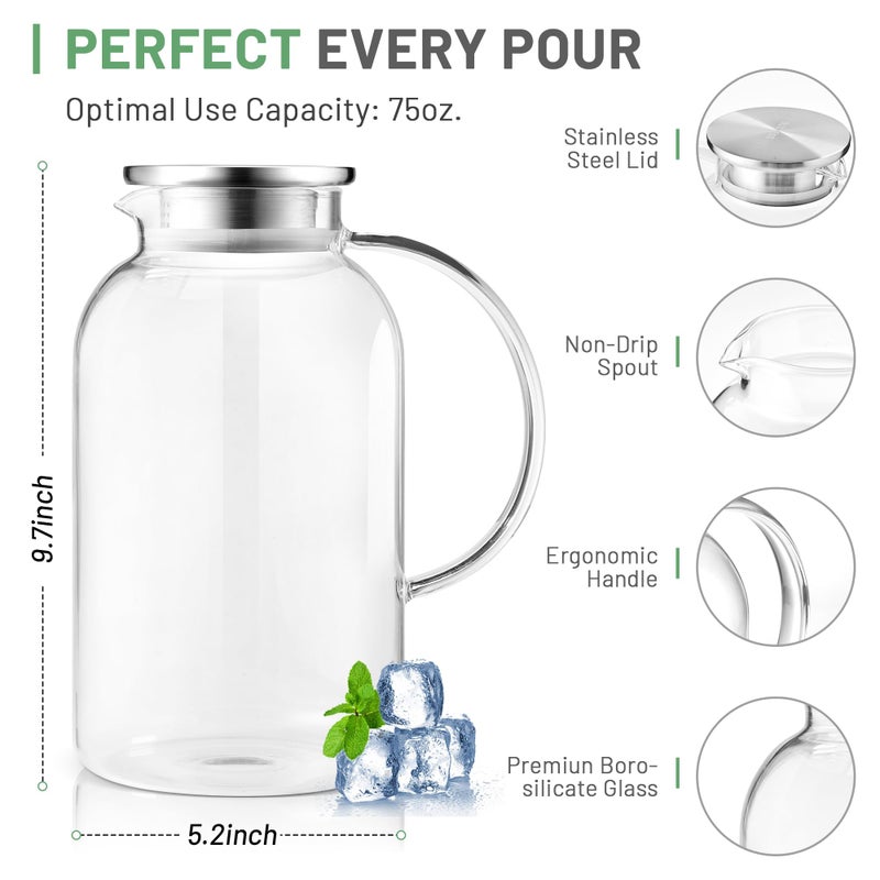 SUSTEAS 2.2 Liter 75oz Glass Pitcher with Lid, Easy Clean Heat Resistant Glass Water Carafe with Handle for Hot/Cold Beverages - Water, Cold Brew, Iced Tea & Juice, 1 Long-Handled Brush Included - Image 3
