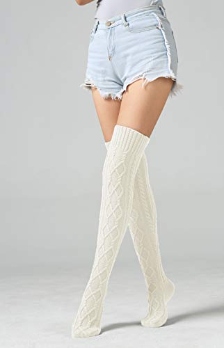 SherryDC Women's Cable Knit Boot Stockings Extra Long Thigh High Leg Warmers Winter Floor Socks White - Image 3