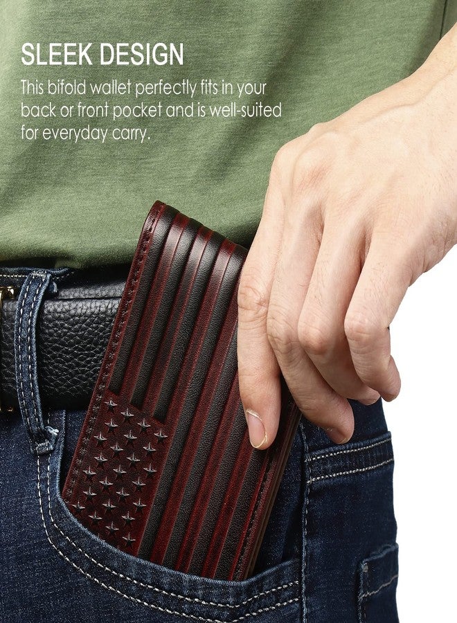 Pefiam Full Grain Leather Wallets for Men, Bifold Wallets for Men, Mens Leather Wallets with 12 Slots, RFID Blocking, Gifts for Men (USA Flag, Red) - Image 5
