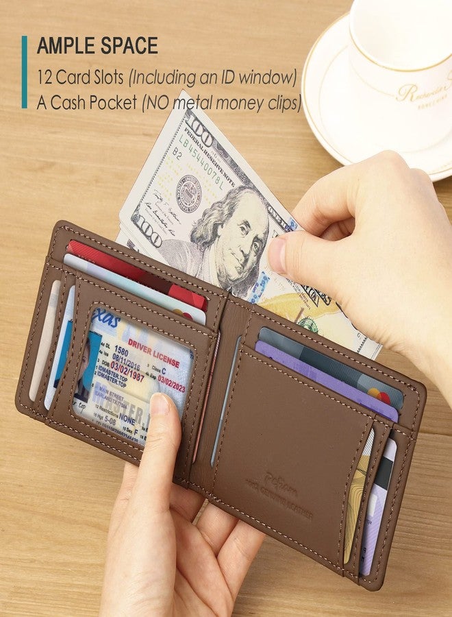 Pefiam Full Grain Leather Wallets for Men, Bifold Wallets for Men, Mens Leather Wallets with 12 Slots, RFID Blocking, Gifts for Men (USA Flag, Red) - Image 2