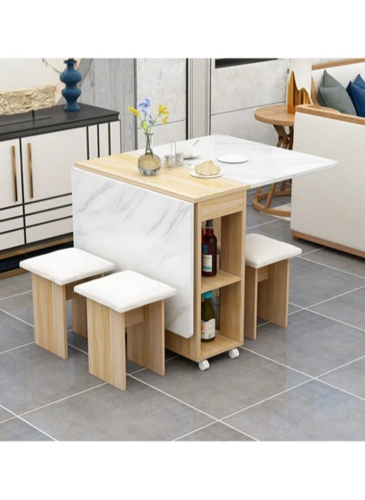 Generic - Extendable Folding Dining Table Set , Multifunctional Mobile Kitchen Table, Folding Kitchen Table with 2-Layer Shelf, 6 Wheels, With Four Benches - Image 1