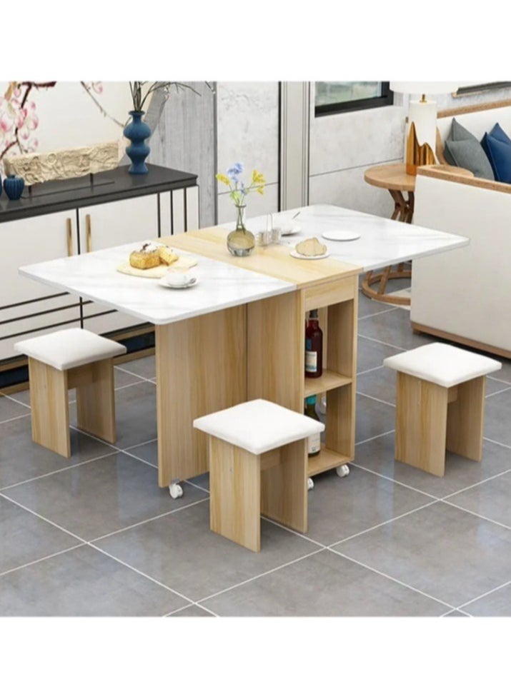 Generic - Extendable Folding Dining Table Set , Multifunctional Mobile Kitchen Table, Folding Kitchen Table with 2-Layer Shelf, 6 Wheels, With Four Benches - Image 1