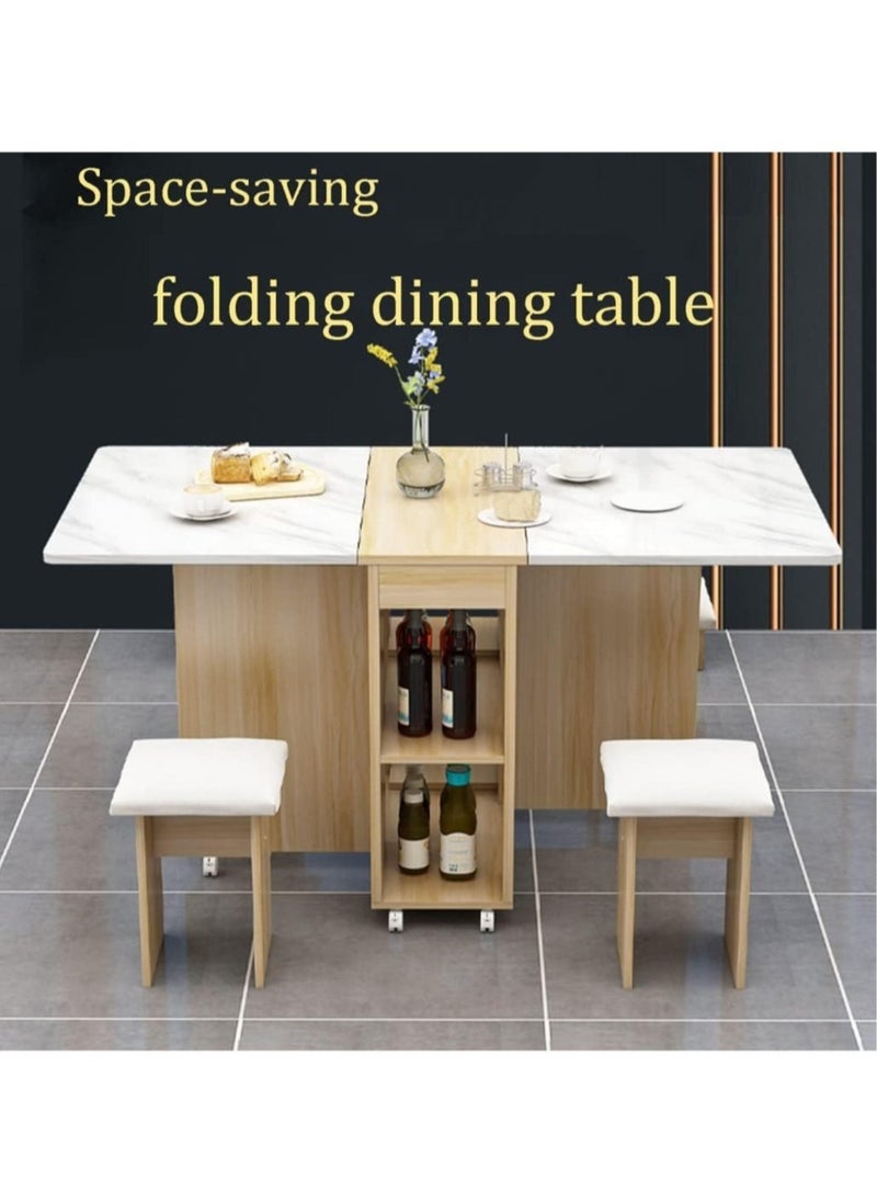 Generic - Extendable Folding Dining Table Set , Multifunctional Mobile Kitchen Table, Folding Kitchen Table with 2-Layer Shelf, 6 Wheels, With Four Benches - Image 1