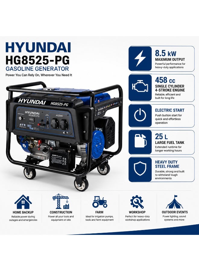 HYUNDAI Gasoline Generator Hyundai HY HG8525-PG 8.5KW 458cc Electric Start Portable Generator 25L Fuel Tank for Backup Power Construction and Industrial Use - Image 2