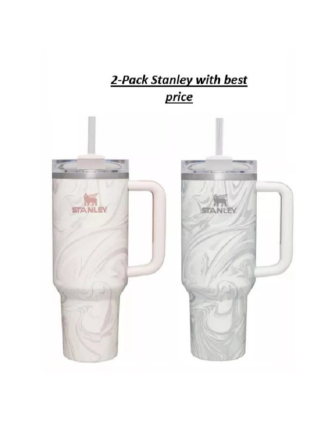 Stanley - 2-Pack Quencher H2.0 FlowState 40oz Stainless Steel Vacuum Insulated Tumbler with Leakproof Lid & Straw – Rose Quartz & Swirl | Double-Walled Design Keeps Drinks Hot for 7 Hours & Cold for 11 Hours | Durable, Leak-Resistant, Perfect for Coffee, Water, Smoothies & More - Image 1